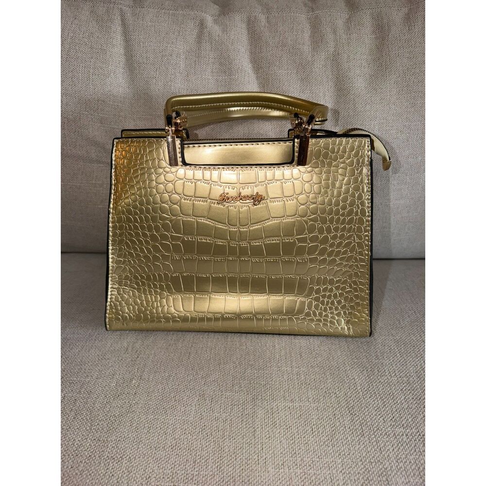 Gold Croc Embossed Women’s Handbag – Metallic Top Handle Purse – New